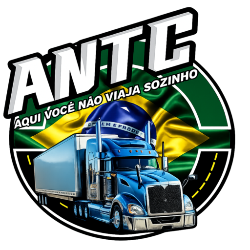 Logo ANTC: caminhão azul, bandeira brasileira e a frase Aqui você não viaja sozinho